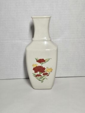 Avon White Ceramic Vase with Red and Yellow Floral Print